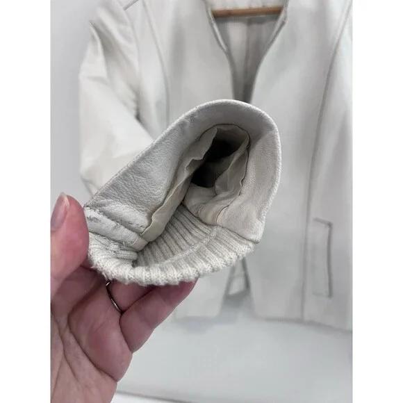 Vince Lamb Leather Zip Collarless Jacket Mix Knit Sleeve Ivory/White Cream Sz 6